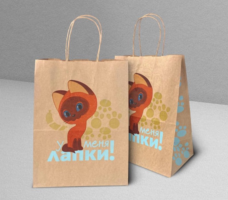 Подарочный пакет с кручеными ручками белый 240x140x300 «Котенок по имени Гав. У меня лапки» внутри бурый