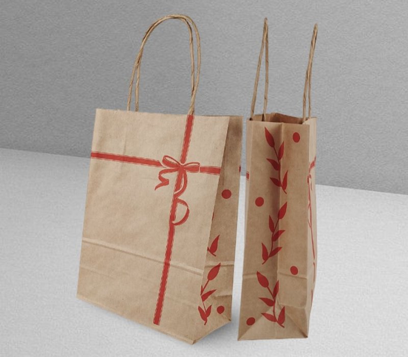 Подарочный пакет с кручеными ручками крафт 180x80x240 "Ленточки красные"