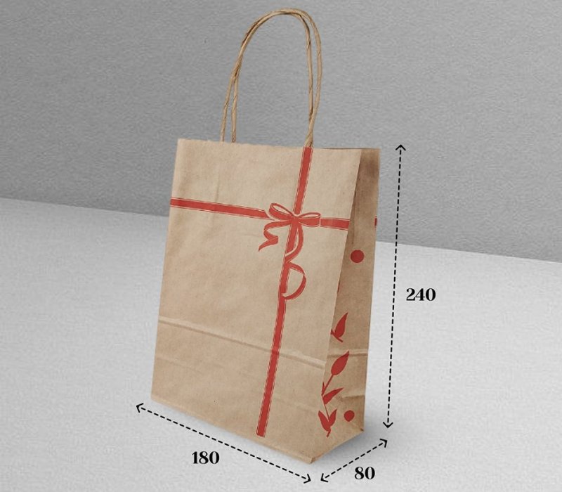 Подарочный пакет с кручеными ручками крафт 180x80x240 "Ленточки красные"