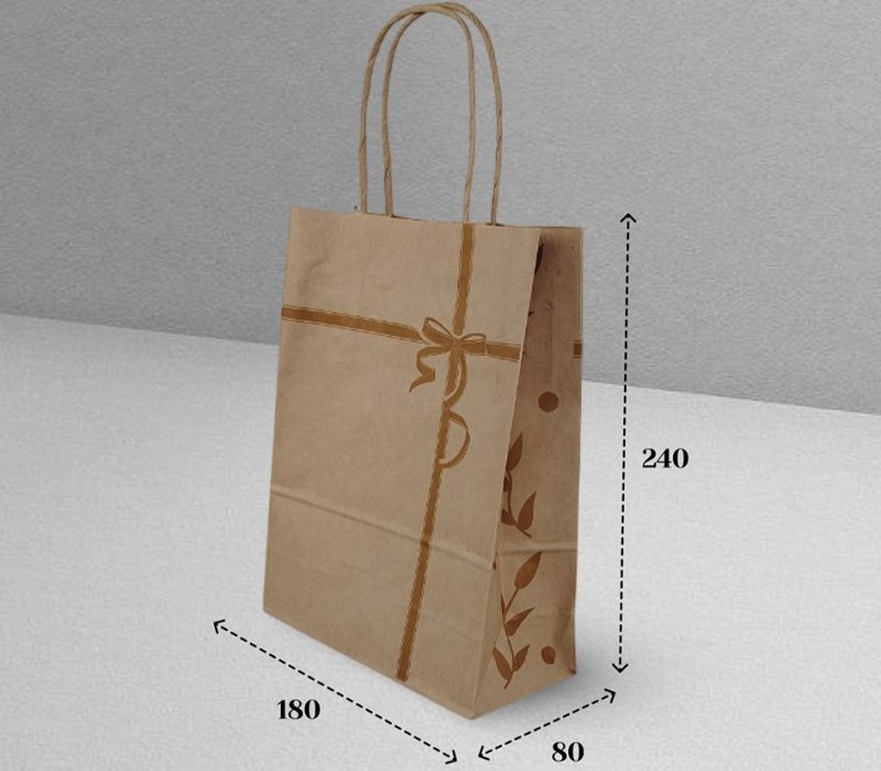 Подарочный пакет с кручеными ручками крафт 180x80x240 "Ленточки золотые"