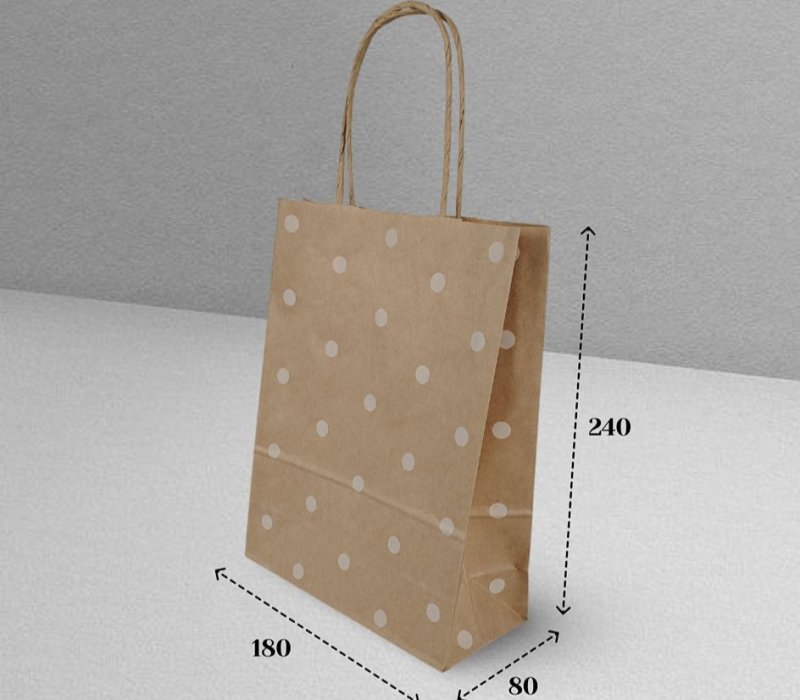 Подарочный пакет с кручеными ручками крафт 180x80x240 "Горохи белые"