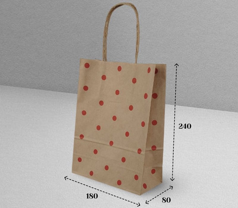 Подарочный пакет с кручеными ручками крафт 180x80x240 "Горохи красные"