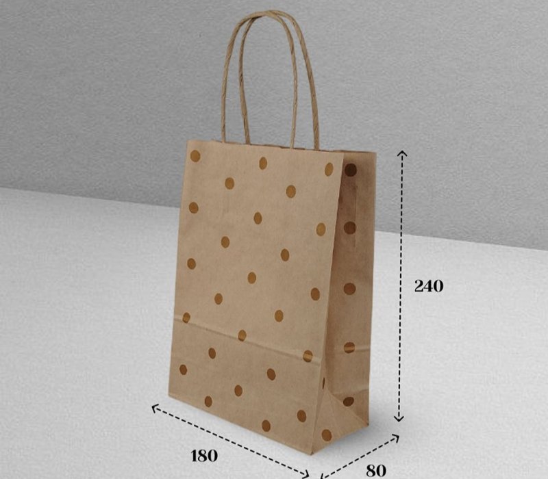 Подарочный пакет с кручеными ручками крафт 180x80x240 "Горохи золотые"