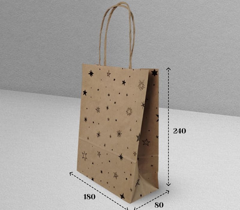 Подарочный пакет с кручеными ручками крафт 180x80x240 "Звёздочки черные"