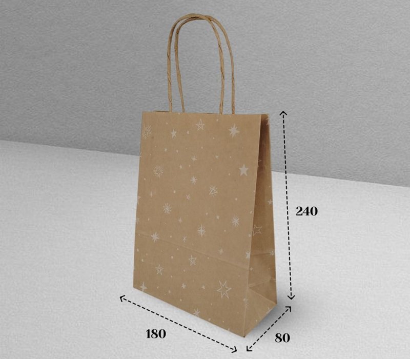 Подарочный пакет с кручеными ручками крафт 180x80x240 "Звёздочки белые"