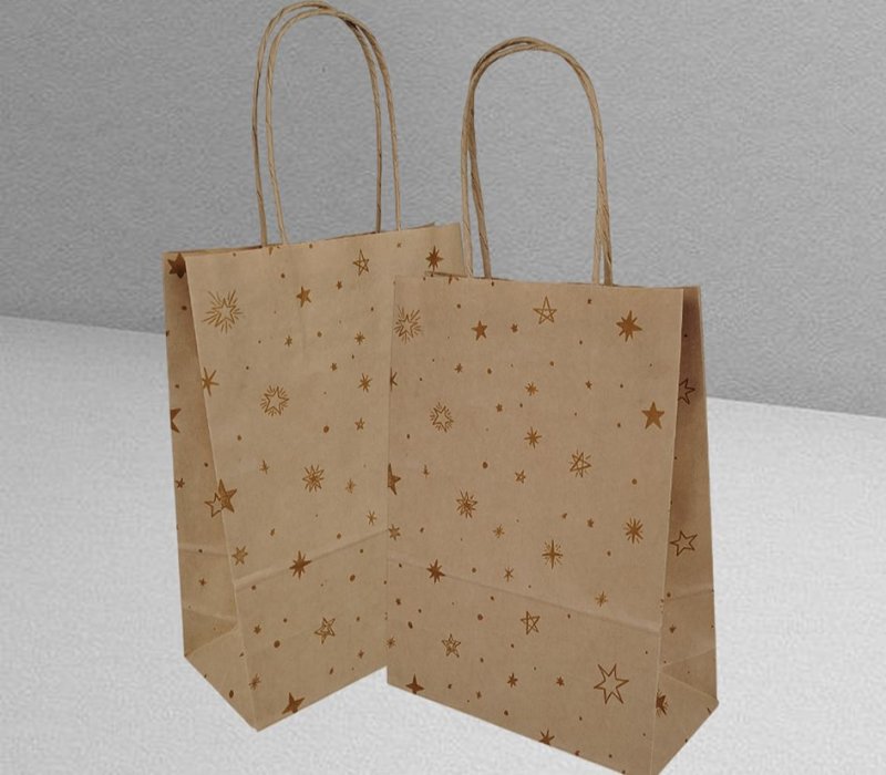 Подарочный пакет с кручеными ручками крафт 180x80x240 "Звёздочки золотые"