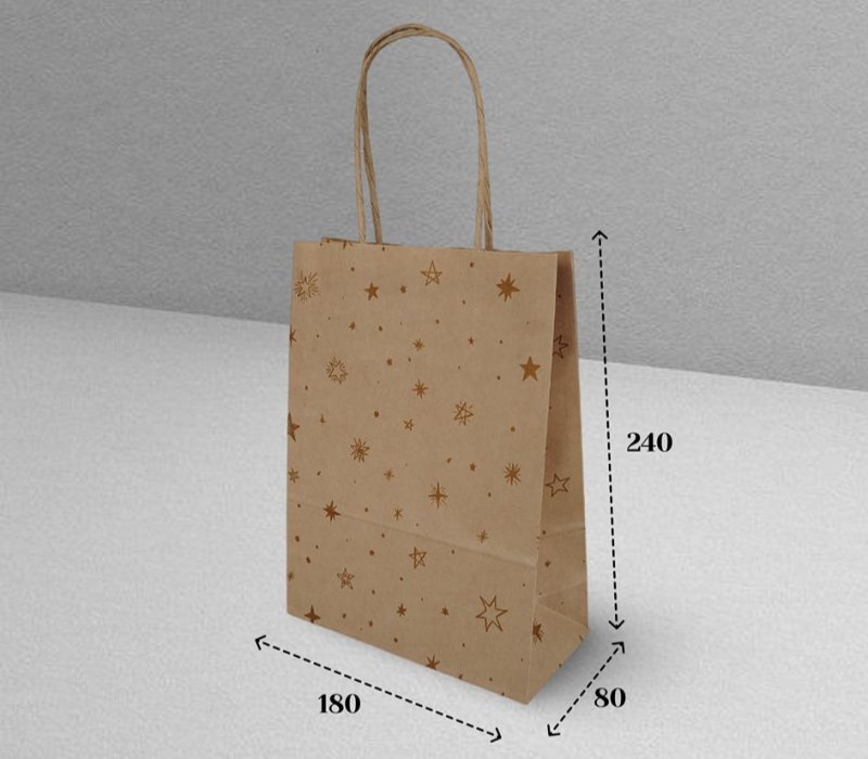 Подарочный пакет с кручеными ручками крафт 180x80x240 "Звёздочки золотые"