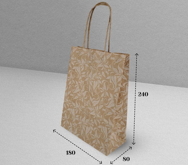 Подарочный пакет с кручеными ручками крафт 180x80x240 "Узоры белые"