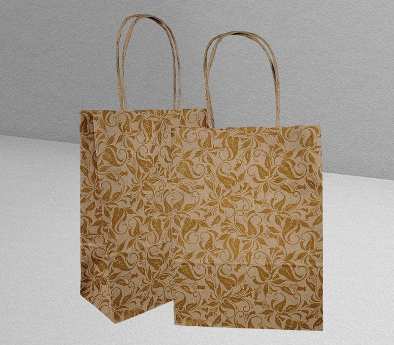 Подарочный пакет с кручеными ручками крафт 180x80x240 "Узоры золотые"