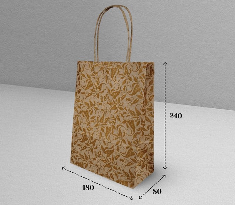 Подарочный пакет с кручеными ручками крафт 180x80x240 "Узоры золотые"