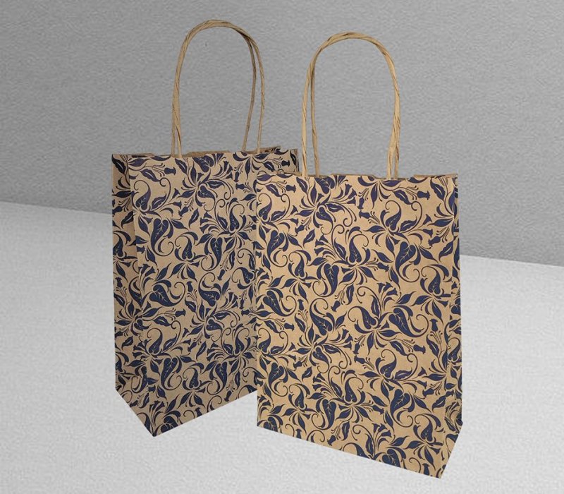 Подарочный пакет с кручеными ручками крафт 180x80x240 "Узоры синие"