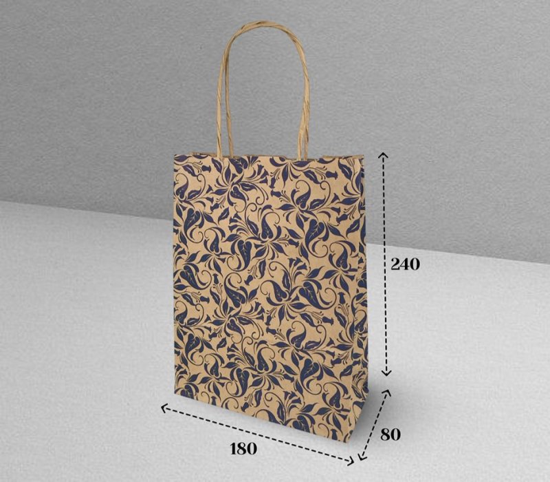 Подарочный пакет с кручеными ручками крафт 180x80x240 "Узоры синие"