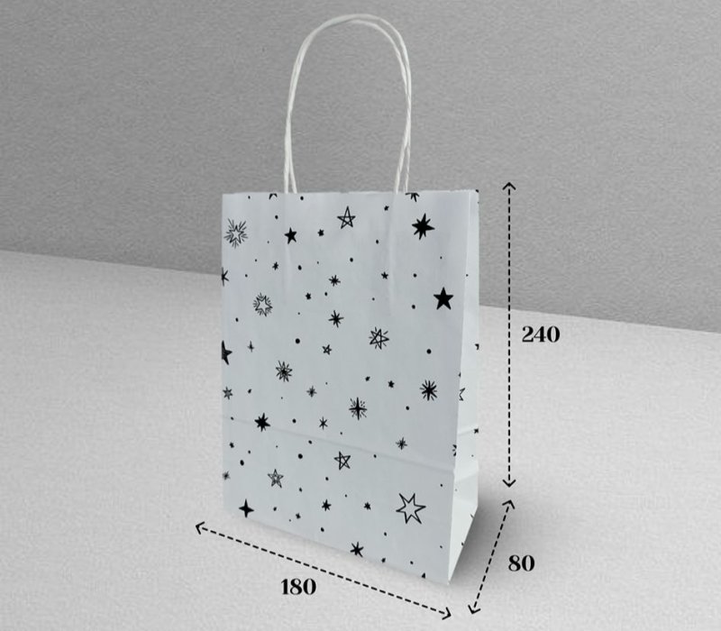 Подарочный пакет с кручеными ручками белый 180x80x240 "Звёздочки на белом"