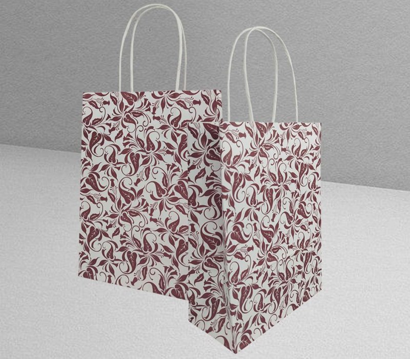 Подарочный пакет с кручеными ручками белый 180x80x240 "Узоры бордовые"