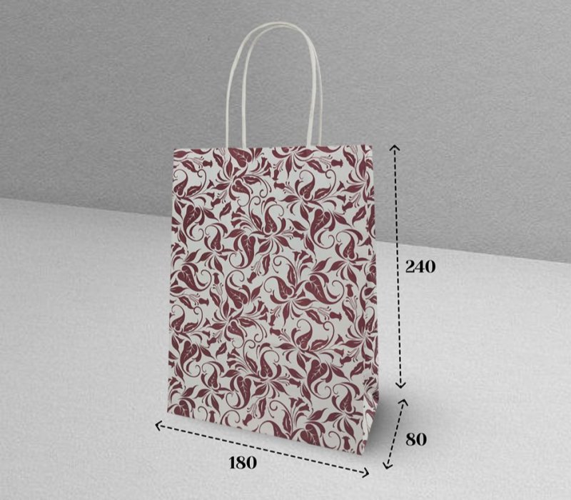 Подарочный пакет с кручеными ручками белый 180x80x240 "Узоры бордовые"