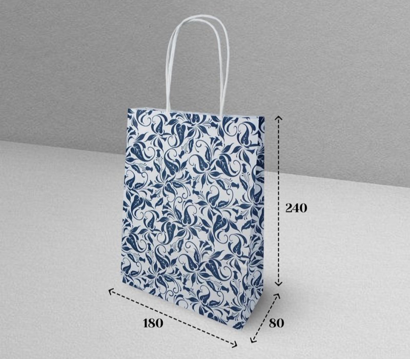 Подарочный пакет с кручеными ручками белый 180x80x240 "Узоры синие"