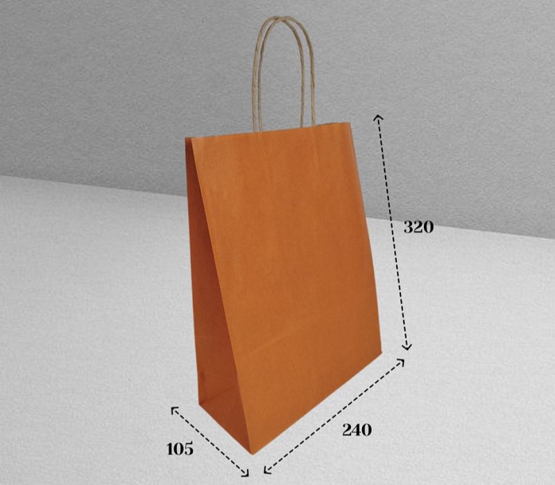 Подарочный пакет крафт с кручеными  ручками 240x105x320 "Оранжевый" внутри бурый