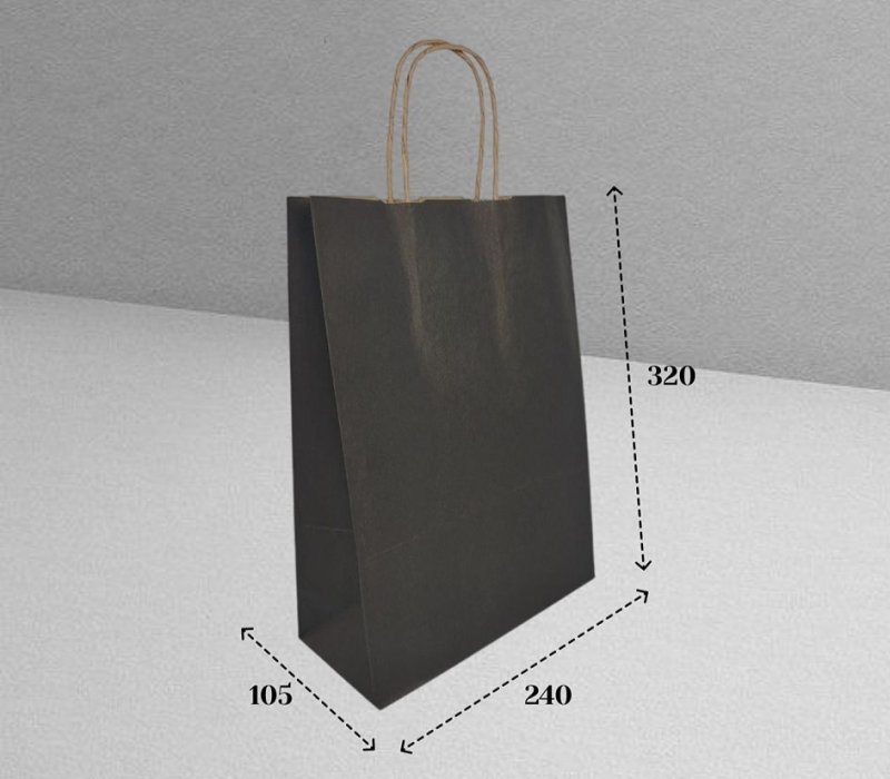 Подарочный пакет крафт с кручеными ручками 240x105x320 "Черный" внутри бурый